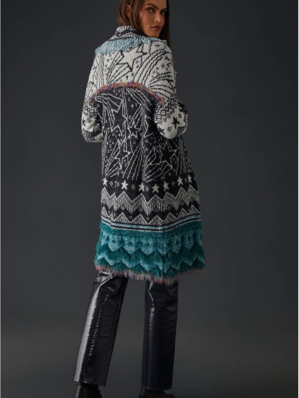 Anthropologie Black, White & Teal Star Jacquard Long Cardigan